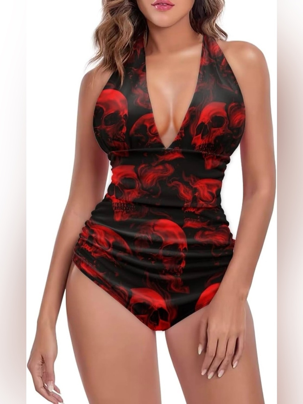 Black & Red Skull Halter One-Piece Tummy Control slimming Swimsuit-SZ L☠️NWOT
